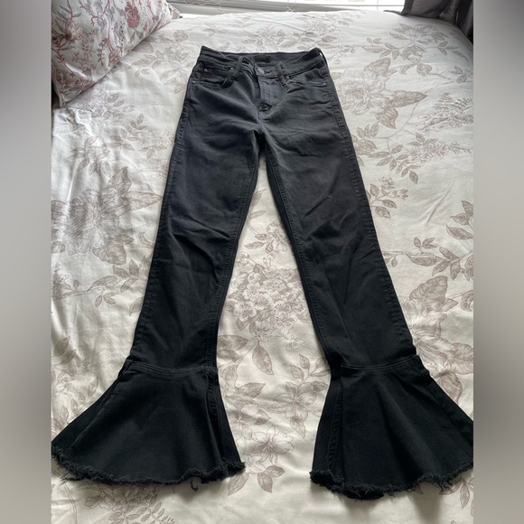 Mother The Cha Cha Fray Not Guilty Black Jeans 24 Crop Flare Ruffle Classic - Picture 3 of 12
